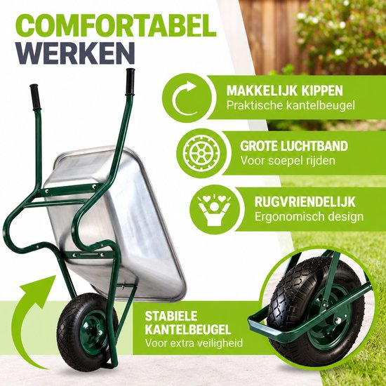 Groene kruiwagen met zilveren bak, grote luchtband en stabiele kantelbeugel voor comfortabel en ergonomisch gebruik.