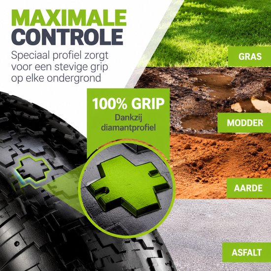 Close-up van kruiwagenwiel met diamantprofiel voor grip op gras, modder, aarde en asfalt.