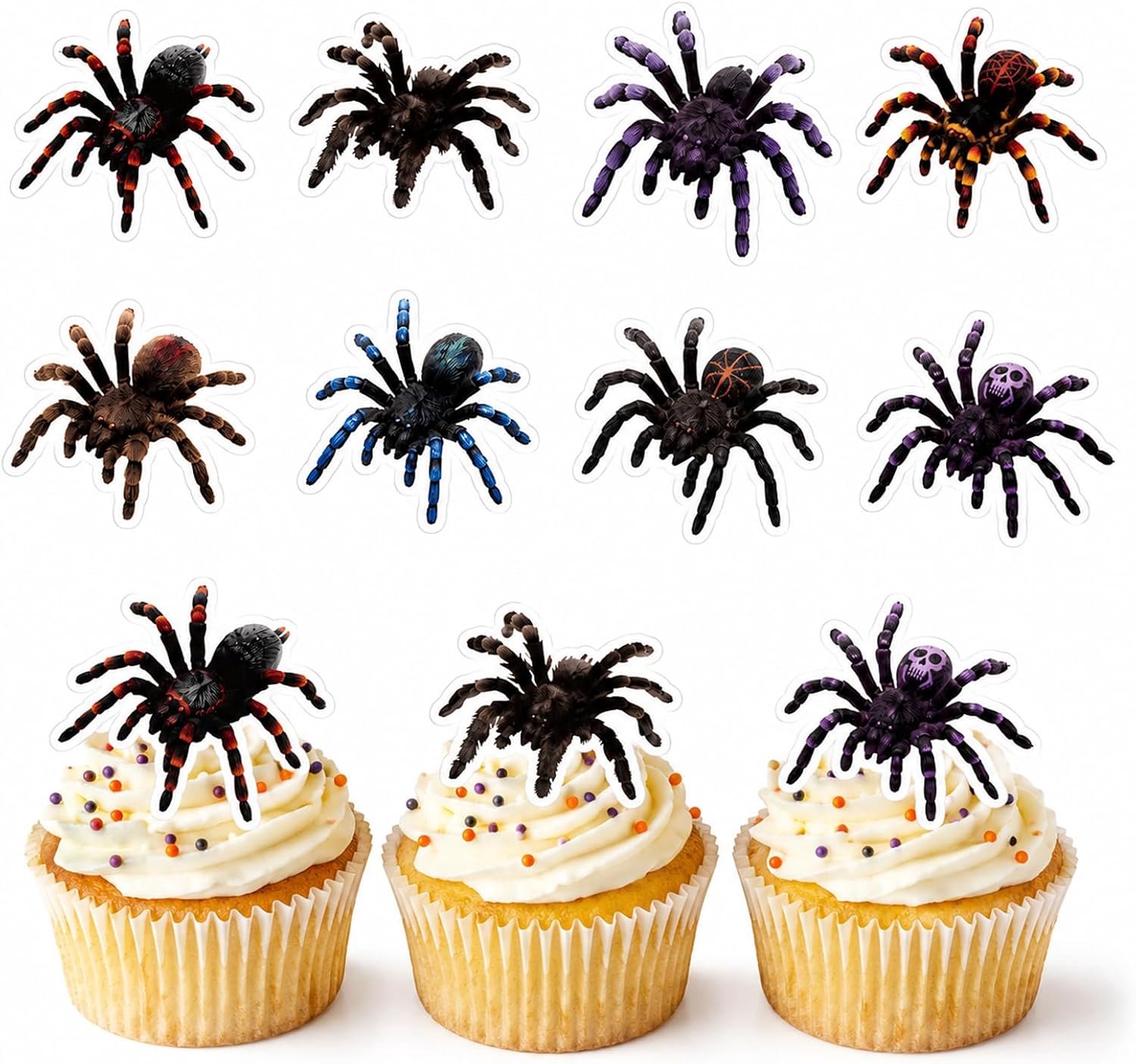 48 stuks eetbare spinnen voor cupcakes en taarten, Halloween decoratie