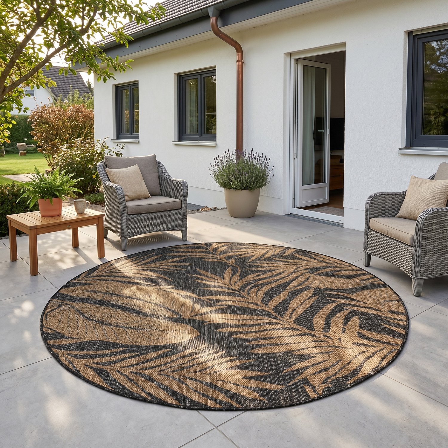 Ayyildiz Mira – Binnen- en buitenkleed – Zwart – Botanisch – Ø 80 cm rond
