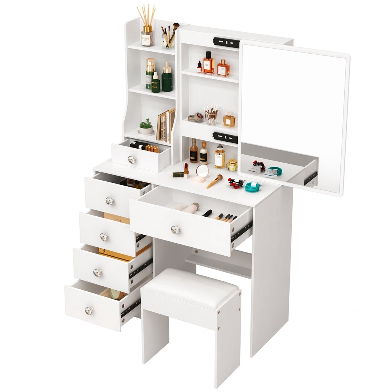 Atlasyx tafel - Make up - Kaptafel - Met spiegel en verlichting - Makeuptafel - Bureau - Inclusief krukje - 80 x 36 x 130 cm - Wit