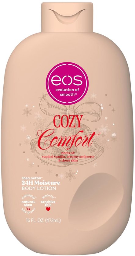 Beige eos Cozy Comfort bodylotionfles met sneeuwvlokjes en strikdesign, 473 ml.
