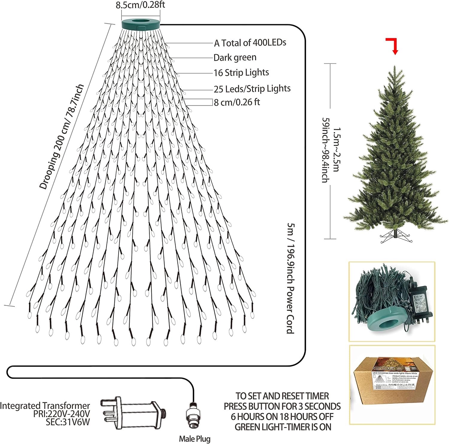 Kerstboom Kerstverlichting Ring - Kerstboomverlichting - Lichtslinger - Kerstversiering - Ring verlichting voor Kerstboom -Lichtsnoer - Kerstboom Lampjes Slinger - 400 LED Kerstlampjes - 8 Lichtmodi - IP44 Waterdicht - Warm Wit Licht - Kerstdecoratie – foto 7