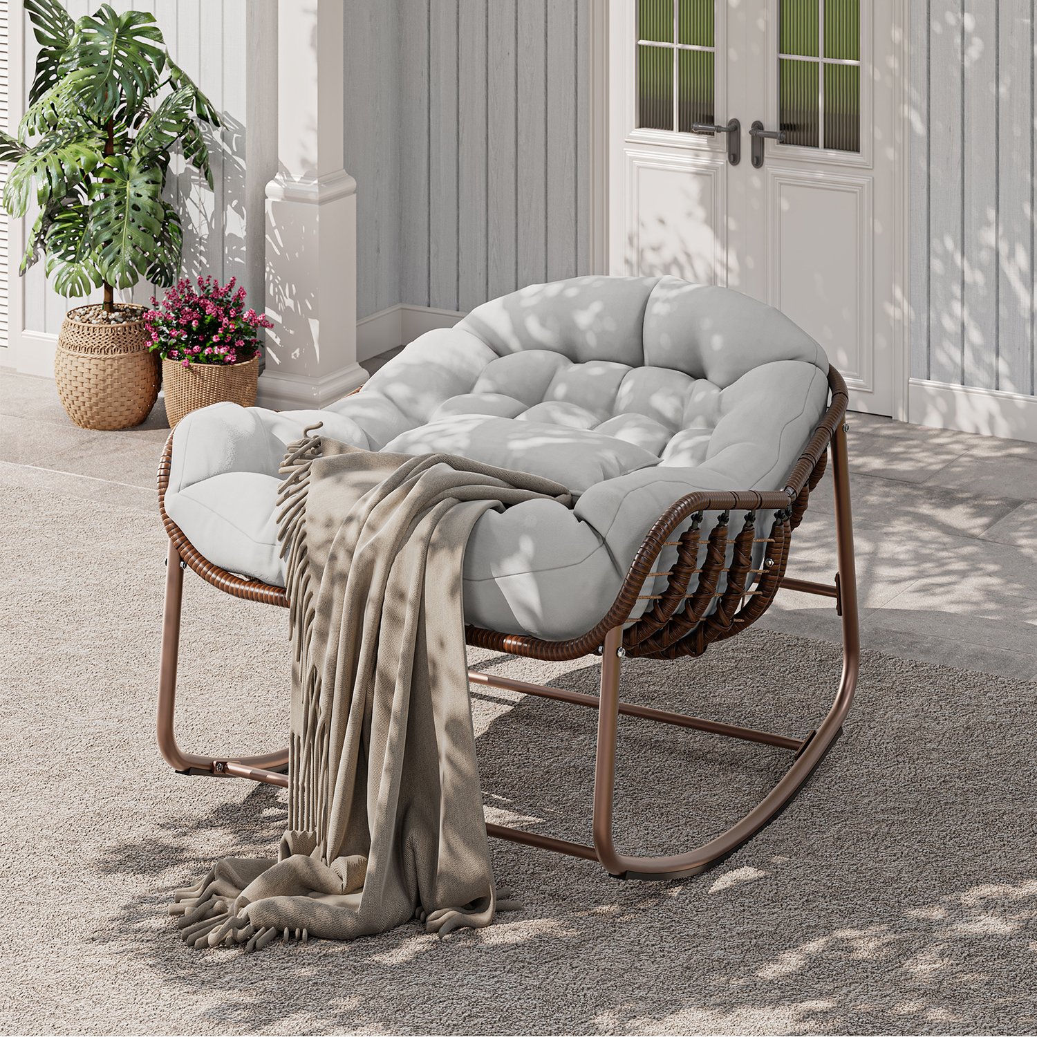 Schommelstoel Papasan Rotan - Met UV Bestendig Kussen & Metalen Frame - 181 kg Draagkracht - 93 x 66 x 64 cm - voor Tuin Balkon & Veranda - Wit Bruin