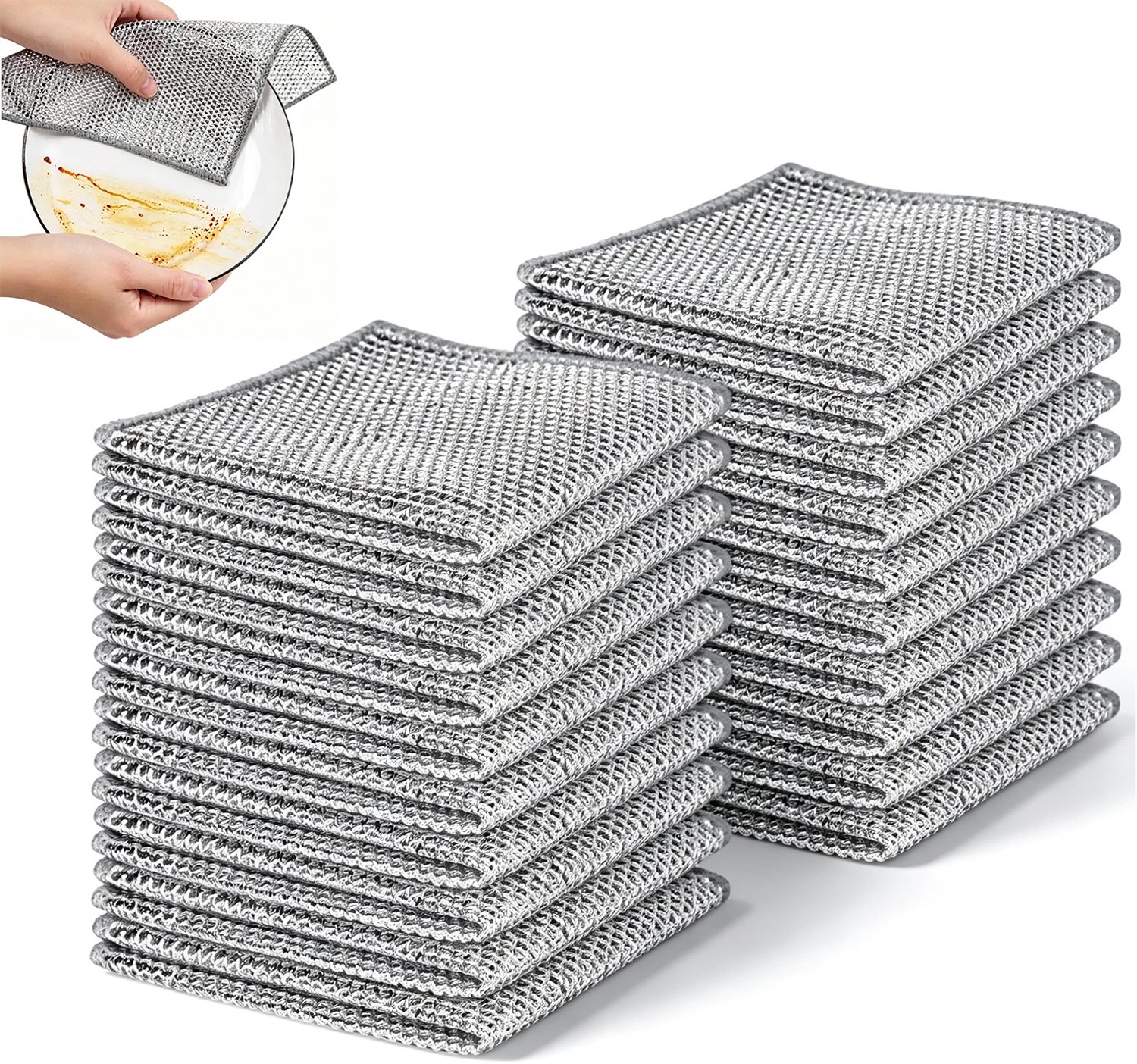 Set van 20 stalen draadreinigingsdoeken – 20 × 20 cm – Niet-schurende metalen netreinigingsdoek – Zilver – Geschikt voor afwas, servies, gootstenen en keuken