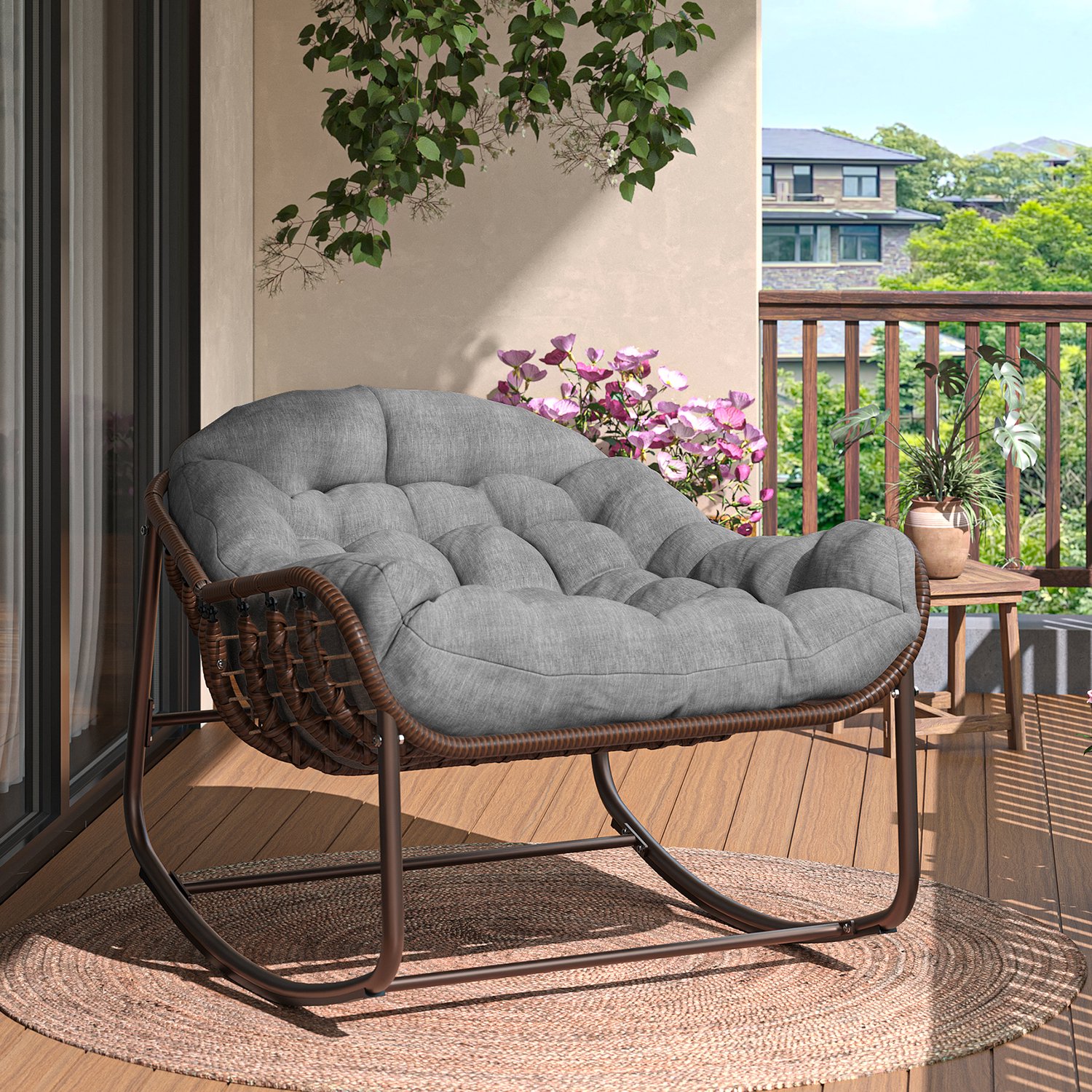 Schommelstoel Papasan Rotan - Met UV Bestendig Kussen & Metalen Frame - 181 kg Draagkracht - 93 x 66 x 64 cm - voor Tuin Balkon & Veranda - Grijs Bruin