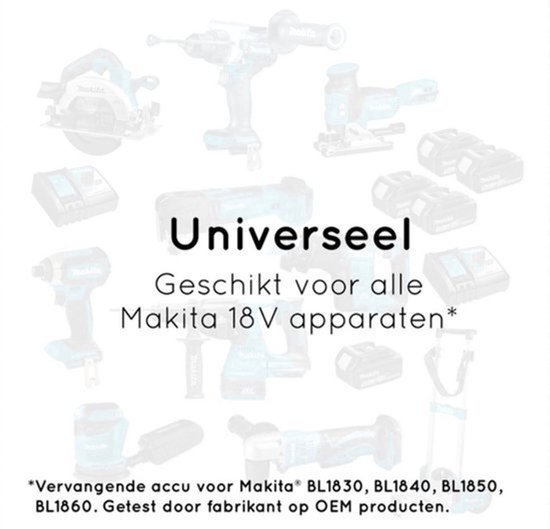 Overzicht van Makita 18V apparaten compatibel met deze universele vervangende accu.
