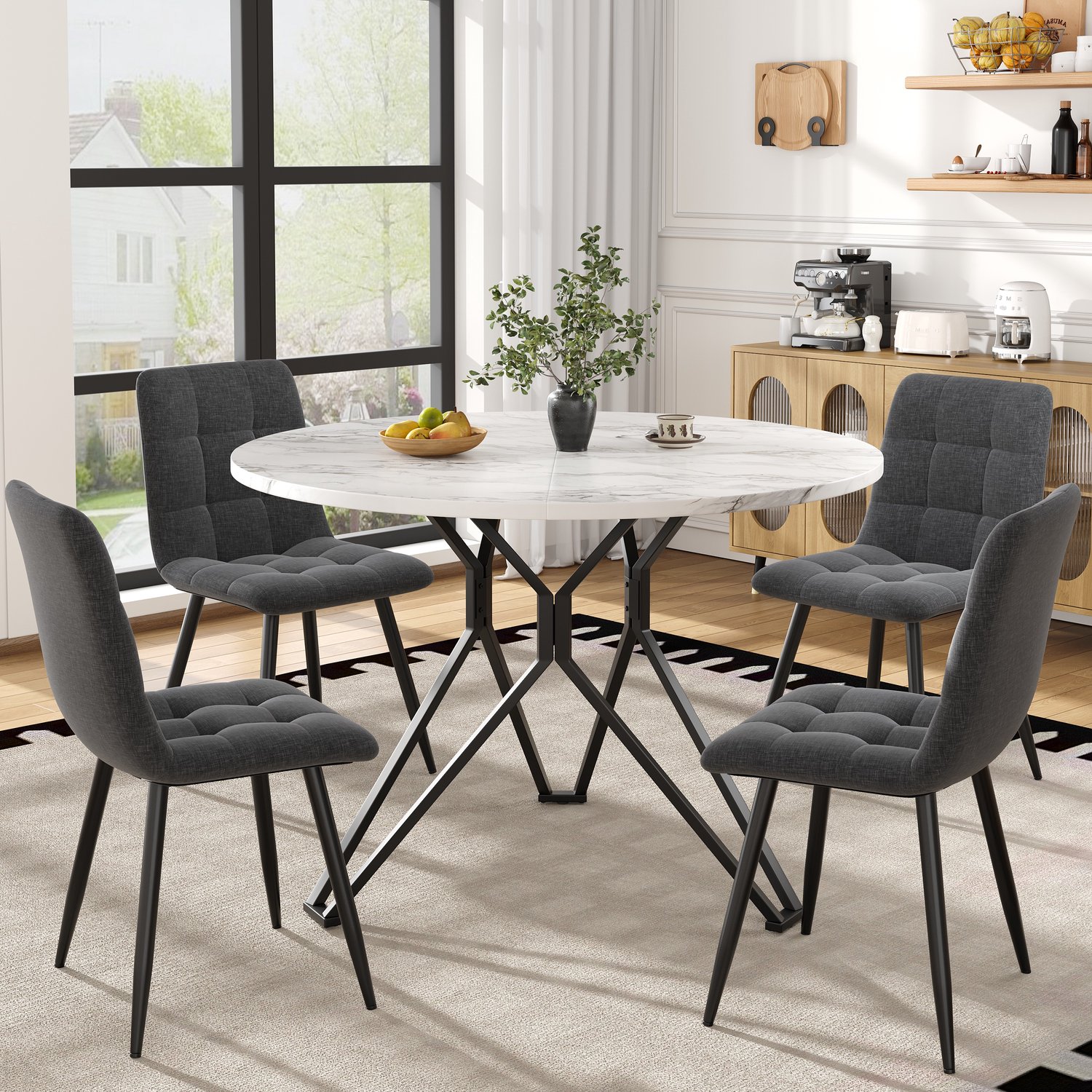 intebiki eetkamerset set van 5 - 100cm rond eettafel met 4 stoelen - wit MDF - 46x44x86cm grijs fluwelen eetkamerstoel Zwart, grijs
