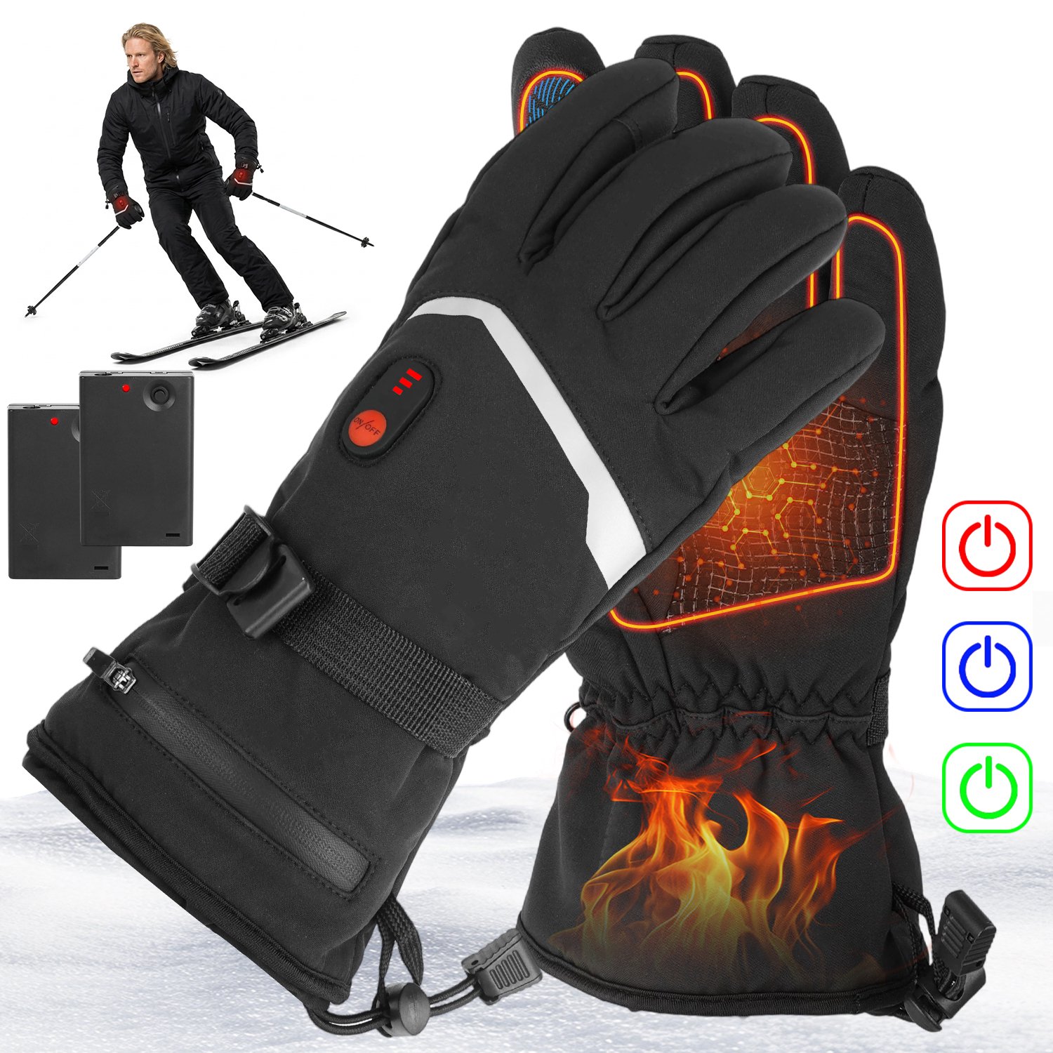 Verwarmde Handschoenen voor Heren & Dames Waterdicht & Winddicht met 3 Temperatuurstanden Touchscreen Wanten voor Skiën Motorrijden Wandelen Werkt op 3x AA Batterijen Zwart