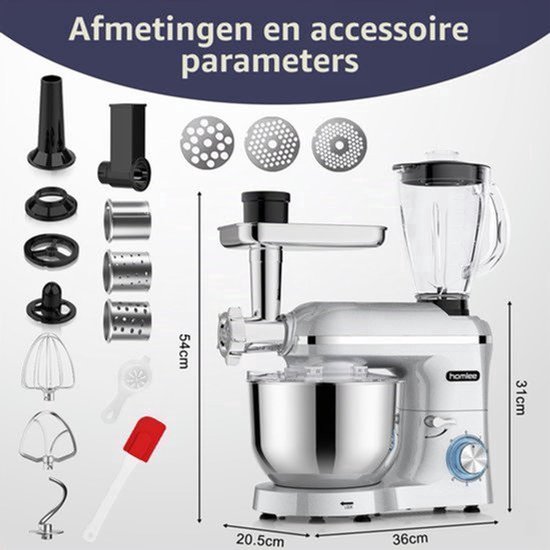 Keukenmachine Multifunctioneel - 2000 W Vermogen - 5,5 L Roestvrijstalen Kom - Zilver - Planetair Roersysteem — afbeelding 4