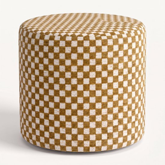 Mörgenn Poef Tile Ocre - Ronde Poef en Voetenbank - Chenille Blokjes - 40x40x50 cm