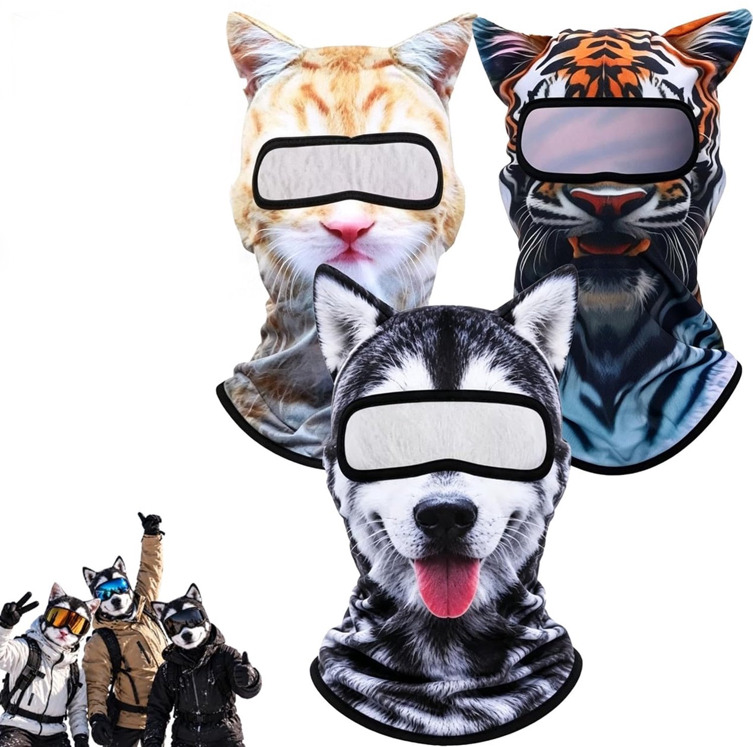 3 Stuks Dieren Ski Gezichtsmasker Grappige 3D Kat & Hond met Oren Winddicht Winter Hoofdmasker met Volledige Gezicht & Nek Bedekking Unisex Eén voor Volwassenen Geschikt voor Snowboarden Buitensport Halloween Feesten Cyslmuk® Stijl-a