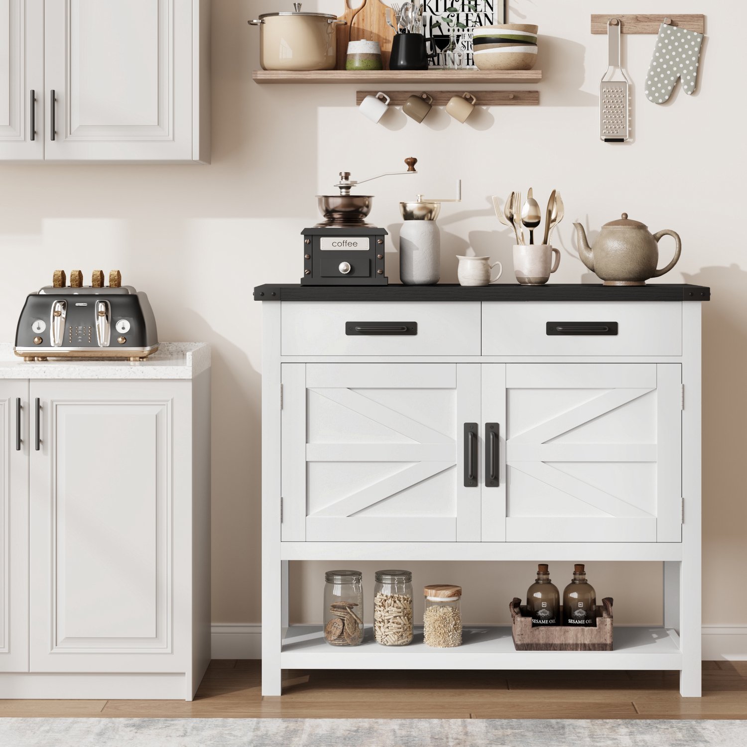 Landelijke console tafel 90×36×86 cm, wit, 2 lades en dubbele deuren, sidetable voor hal en woonkamer