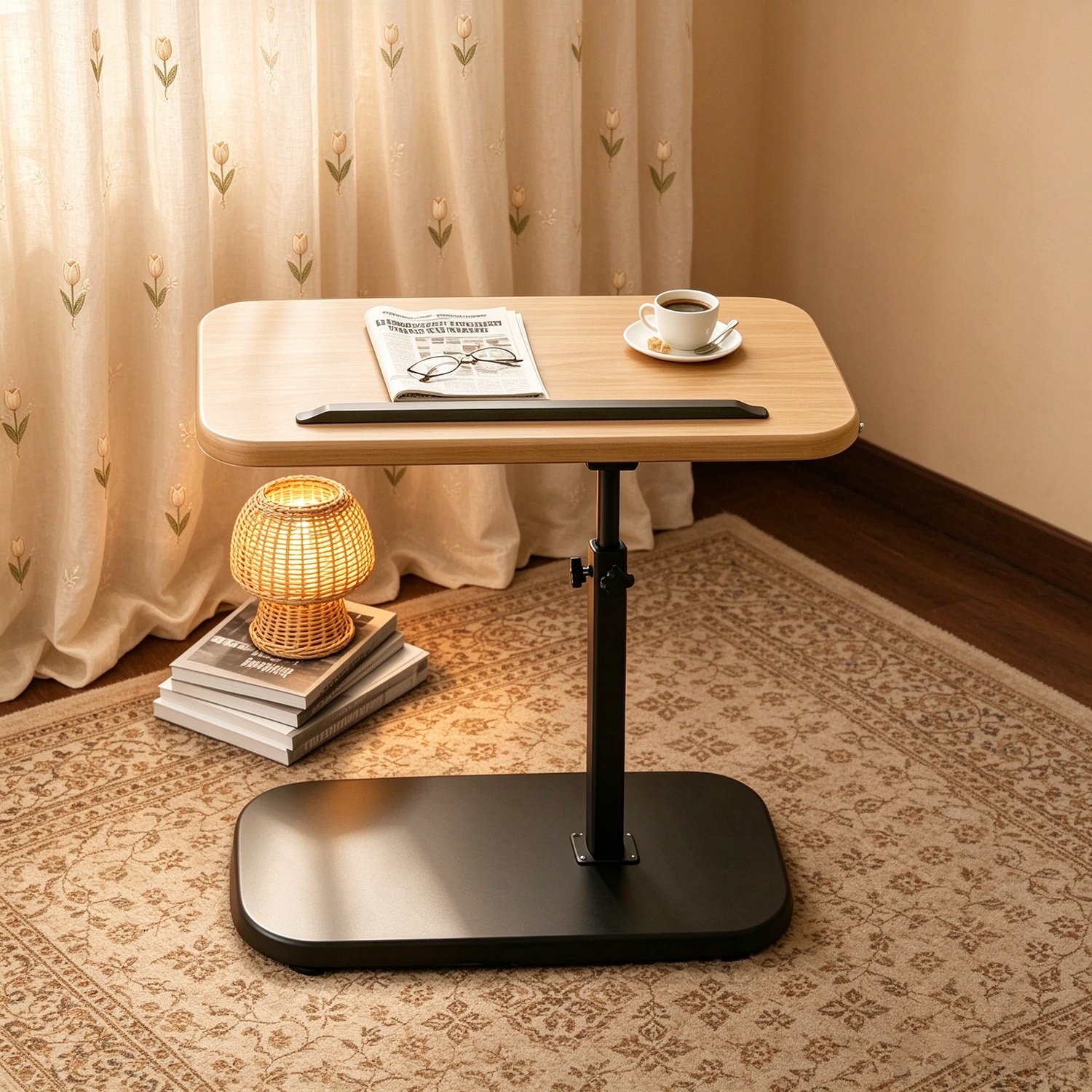 C-vormige tv-tafel natuurhoutkleur minimalistisch houten blad met zwart frame voor de bank draaibaar en in hoogte verstelbaar geschikt voor eten en laptopgebruik in de woonkamer 30*40cm