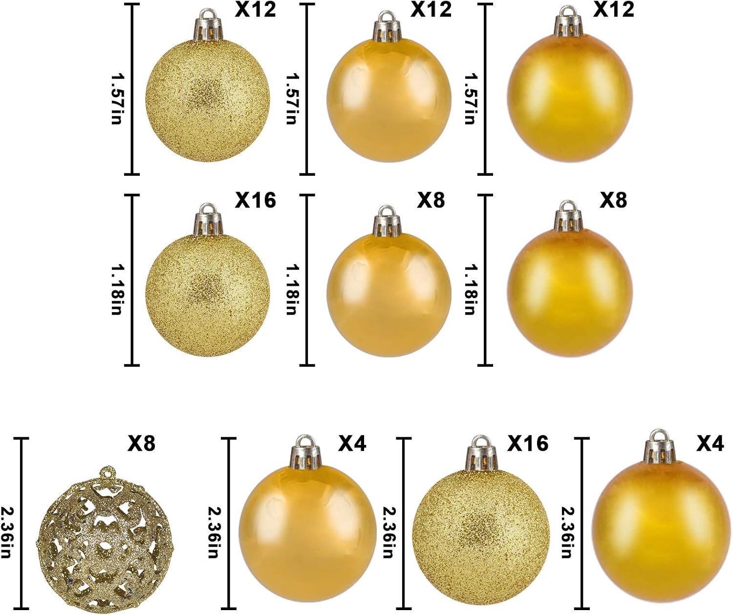 100 stuks onbreekbare gouden kerstballen set, meerdere maten en afwerkingen – foto 2