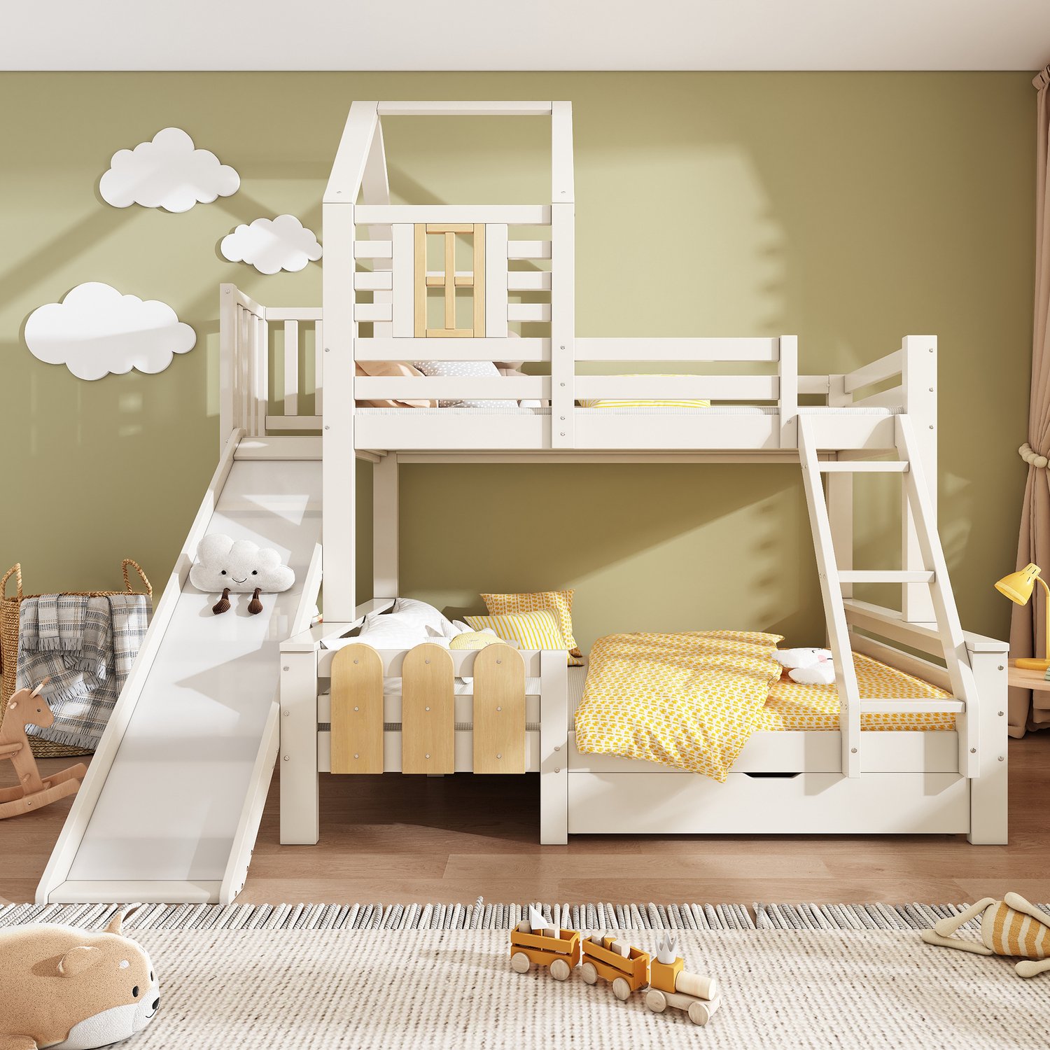 Welltin Stapelbed met glijbaan en opberglade - Huisjesbed met raam - Ladder - Kinderkamer - Boven 90x200 cm, onder 140x200 cm - Wit en naturel