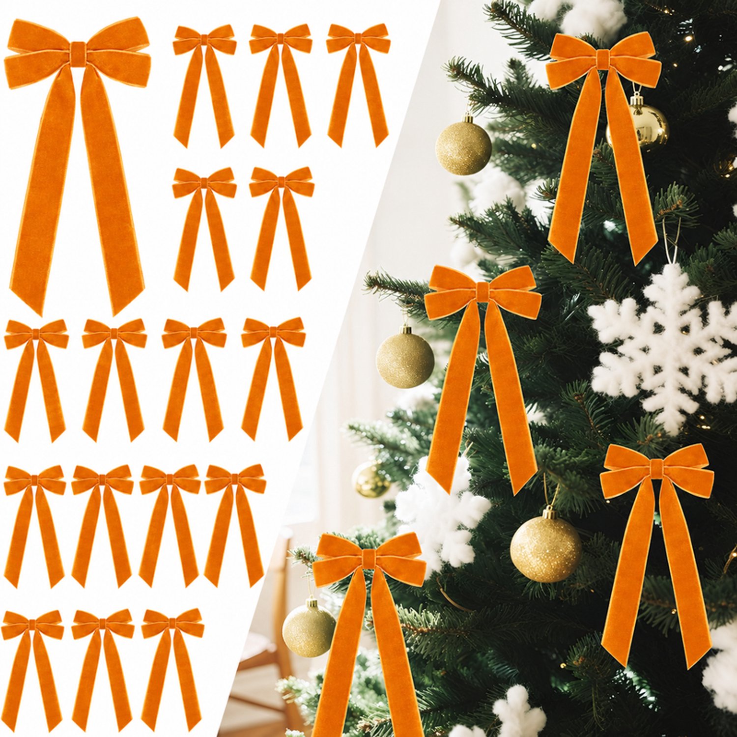 Kerstboomstrikken van Fluweel - 12 Stuks - Oranje - 13 x 26 cm - Voor Kerstboom, Kransen en Cadeaus
