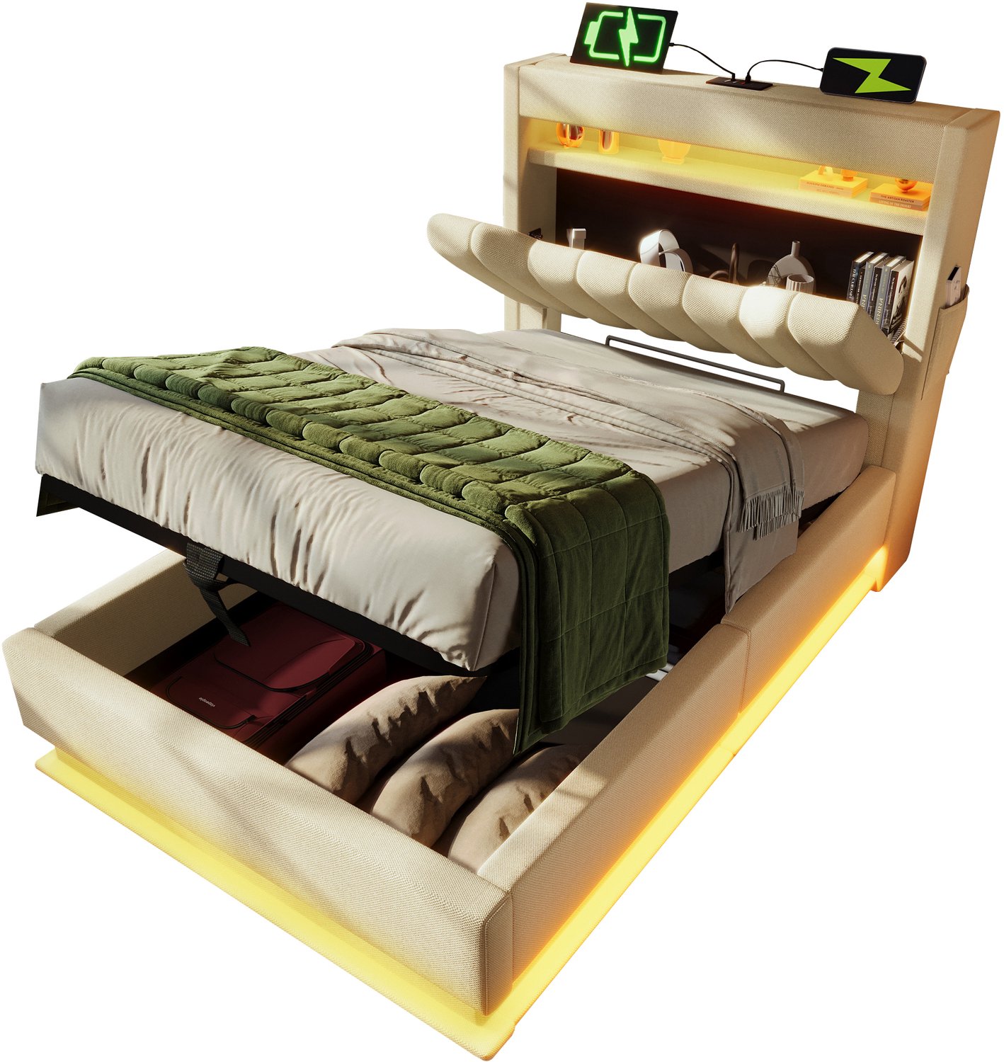 Welltin Gestoffeerd eenpersoonsbed 90x200 cm - Hydraulische opbergruimte - Hoofdbord met USB en USB-C - Ledverlichting - Slaapkamer - Linnen - Beige