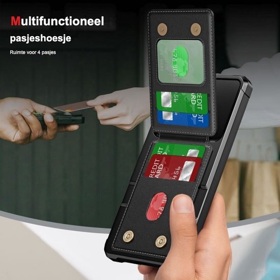 Zwart multifunctioneel hoesje met ruimte voor 4 pasjes en een handige magneetsluiting.