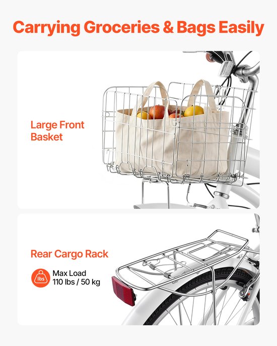 VEVOR Dames Cruiserfiets van 26 inch, Draagvermogen 150 Kg, 7 Versnellingen, Wit, voor Woon-Werkverkeer, Boodschappen en Stranduitstapjes, met Dubbele V-Remmen, Bagagedrager van 50 Kg, Spatborden en Gereedschapskit — afbeelding 4