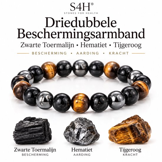 Armband met ronde zwarte toermalijn, hematiet en tijgeroog kralen.
