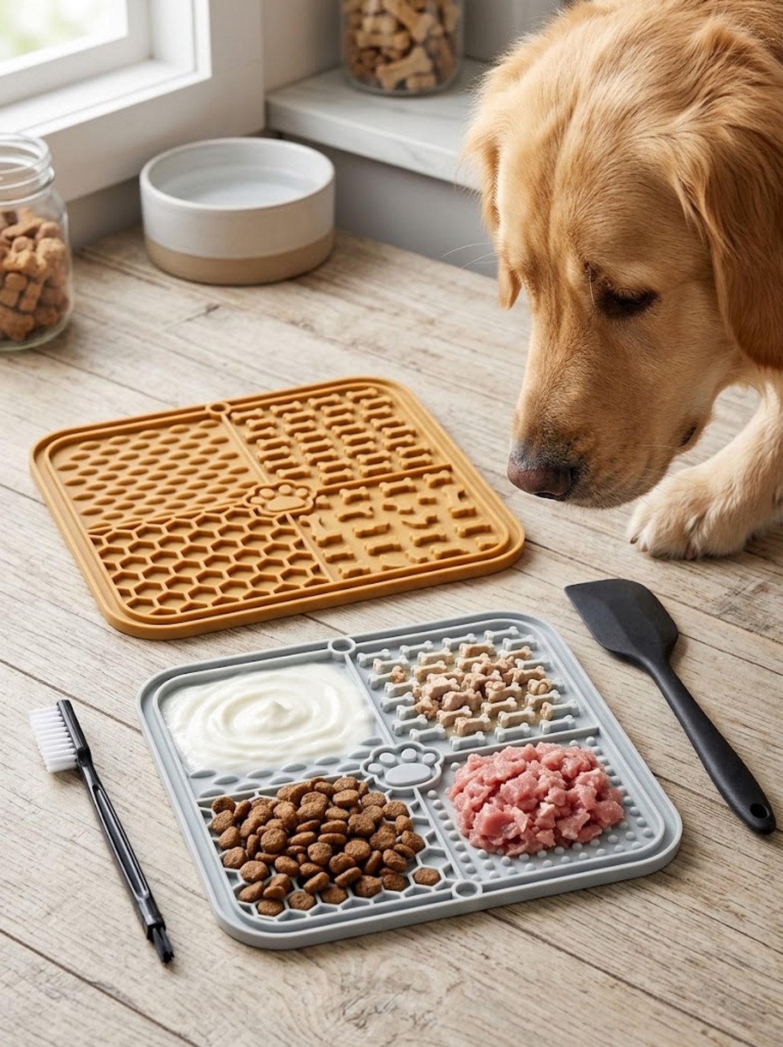 2 Likmatten voor Honden met Zuignappen – BPA-Vrij – Inclusief Spatel en Borstel – Vertraagt Eten en Ondersteunt Verzorging – Likmat voor Hond en Kat