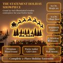 Verlichte 59-inch houten kerstdecoratie met kerstman, rendieren, dorpssilhouet en warme amberkleurige LED-gloed.