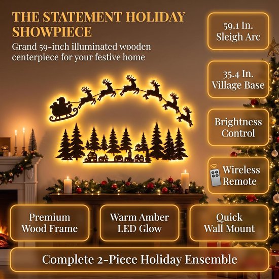 Verlichte 59-inch houten kerstdecoratie met kerstman, rendieren, dorpssilhouet en warme amberkleurige LED-gloed.