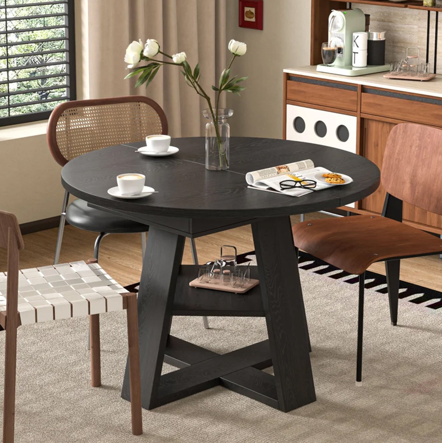 DESMIU Uitschuifbare Eettafel - Ronde Tafel Met Opbergruimte - Voor 4 Tot 6 Personen - MDF - 110/150 x 110 Cm - Zwart