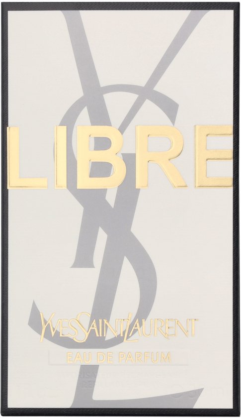 Witte doos met grote grijze YSL logo en gouden 'LIBRE' letters.