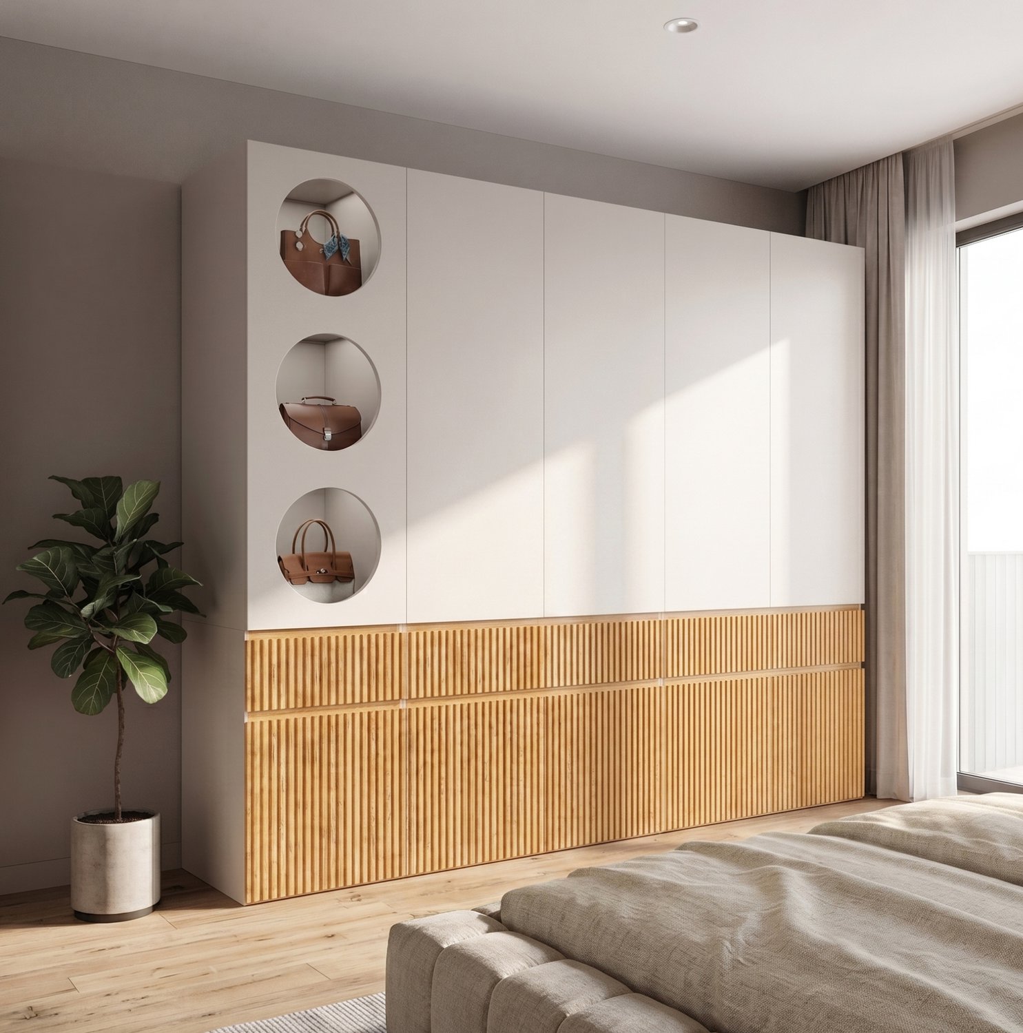 MODENUIT Kledingkast - 10 Draaideuren En 3 Lades - Slaapkamer En Hal - MDF - 225x50x200 Cm - Licht Eiken Wit, houtkleur, grijs en lichte eik