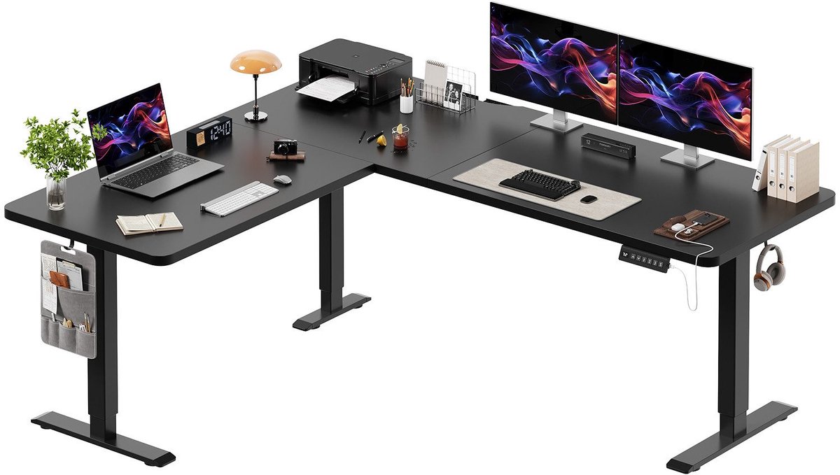 Devoko Elektrisch Verstelbaar Hoekbureau 190 × 155 cm – L-vormig Zit-Sta Bureau met 20 mm Dik Bureaublad – 100 kg Draagvermogen, 3 Geheugenstanden, USB en Kabelmanagement – Zwart