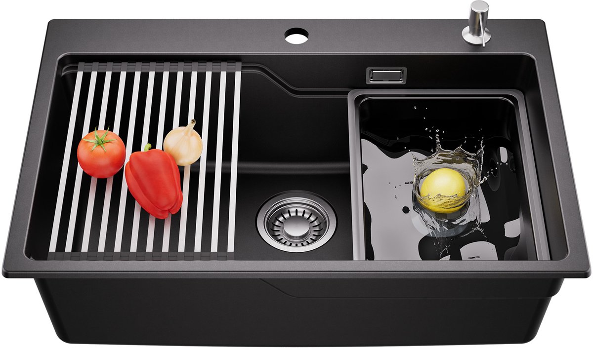 CECIPA Max Granieten Spoelbak 70 x 46CM - Luxe Spoelbak Keuken - Composiet Spoelbak Met Afdruipkom、Afdruipblad en Zeepdispenser - Gootsteen Zwart