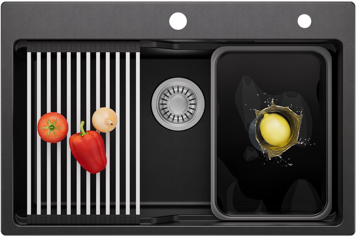 CECIPA Max Spoelbak Keuken - Granieten Spoelbak 70 x 46CM - Multifunctioneel Spoelbak - Spoelbakken Met Afdruipkom | Afdruipblad | Zeepdispenser - Wasbak Keuken Met Sifon - Zwart