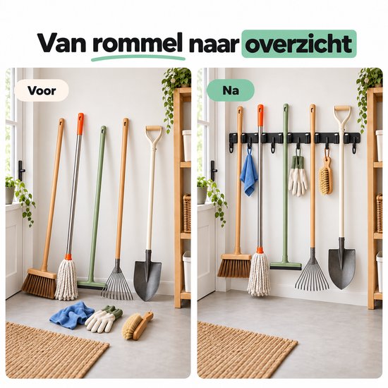 Volcan Bezemhouder - Bezem Ophangsysteem Tuingereedschap - 5 Houders 6 Haken - 3M Tape - Gereedschapshouder - RVS Zwart van Volcan — afbeelding 3