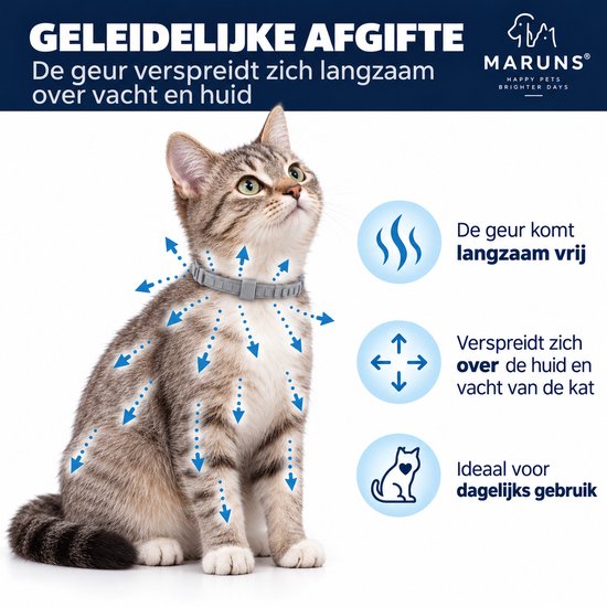 Een grijze kat met halsband. Pijlen geven aan hoe de geur zich verspreidt. Iconen tonen langzame afgifte, verspreiding over huid/vacht en dagelijks gebruik.