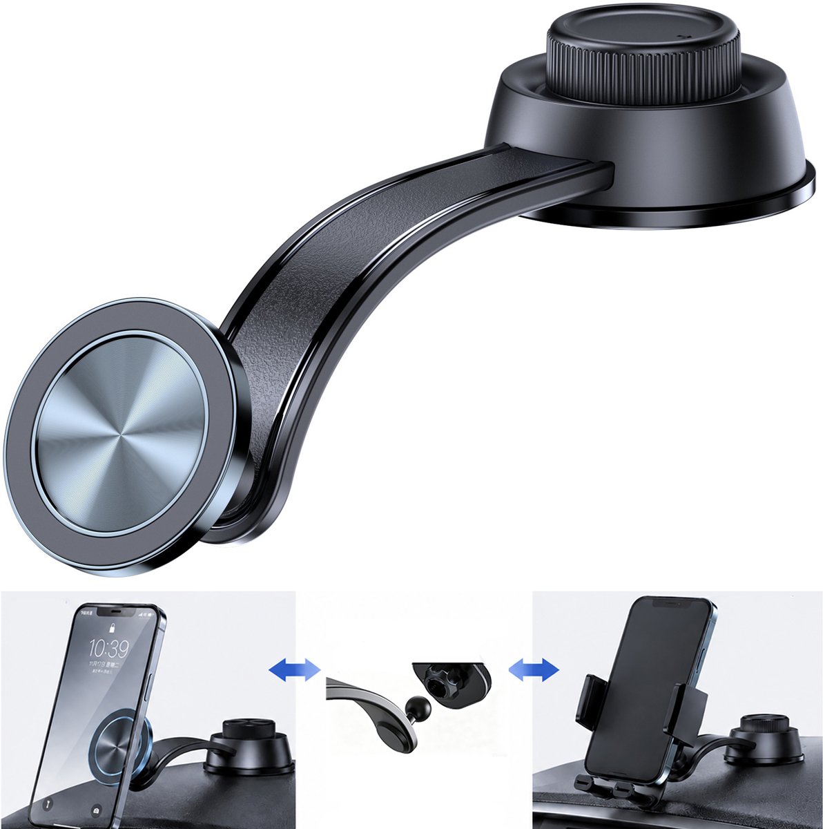 2-in-1 smartphonehouder: magnetische autohouder, compatibel met MagSafe (magneet- en klembevestiging, zwanenhals van Memory-metaal, trillingsvrij, houdkracht 1,8 kg)