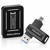 MillionShine USB Stick - USB 3.2 Gen1 C en A - 1 TB - 2640Mbps Snelle Overdracht - Flashdrive - Zakelijk en Prive Opslag - Compatible met iPhone en Android - Luxe Design Metaal Zwart