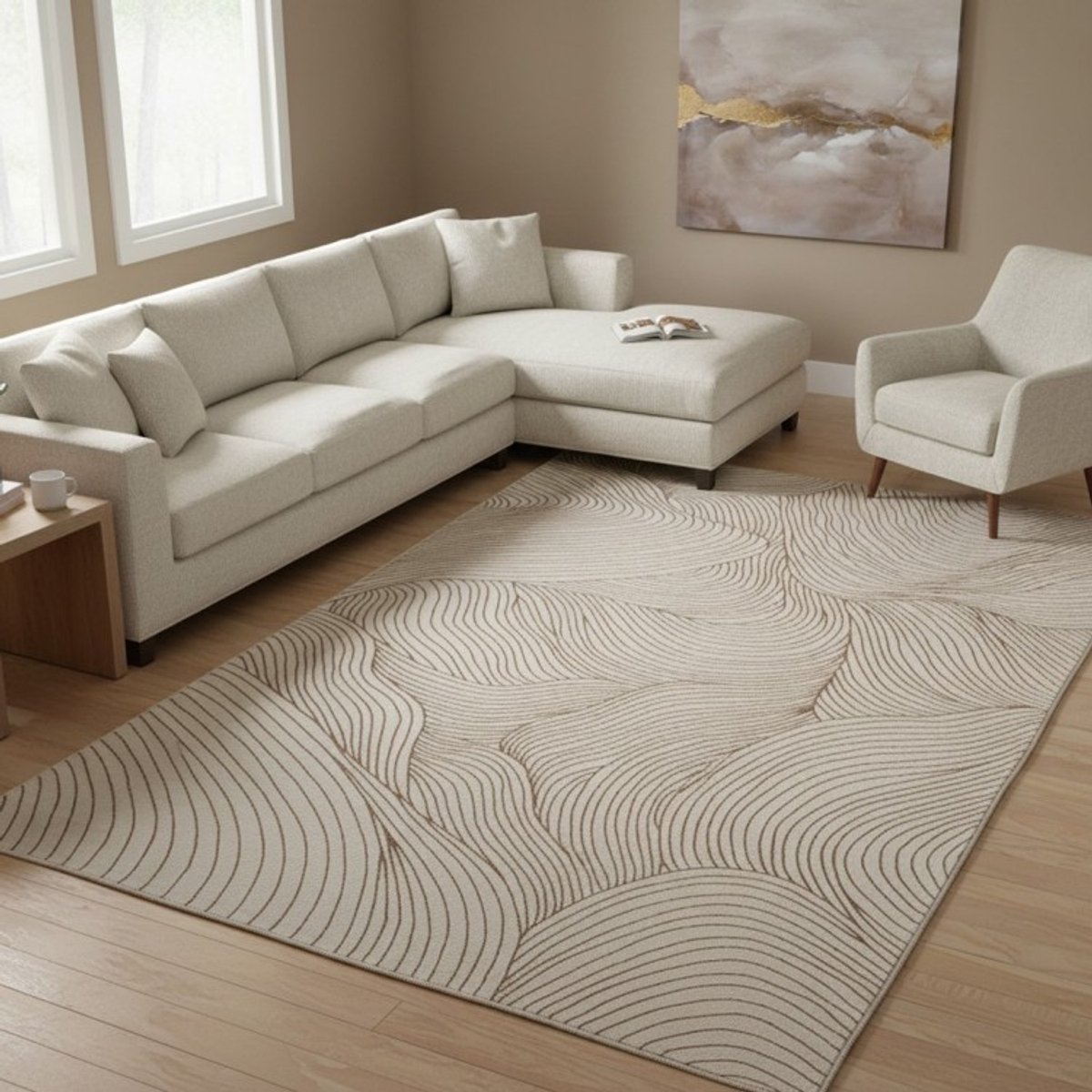TapisTrend Designer tapijt Beige 140x200 cm Modern vloerkleed met overlappende golvende lijnen en een topografisch effect voor de woonkamer, slaapkamer en eetkamer