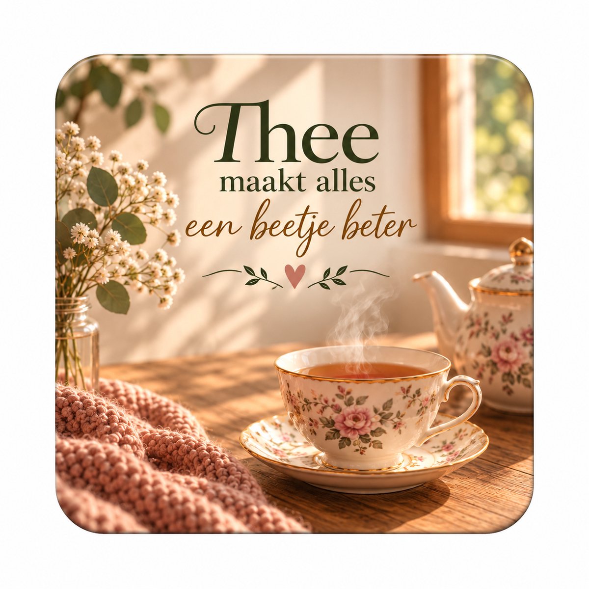 Thee MDF onderzetter 10 x 10 cm – “Thee maakt alles een beetje beter” – Bloemendessin – Cadeau voor Theeliefhebbers
