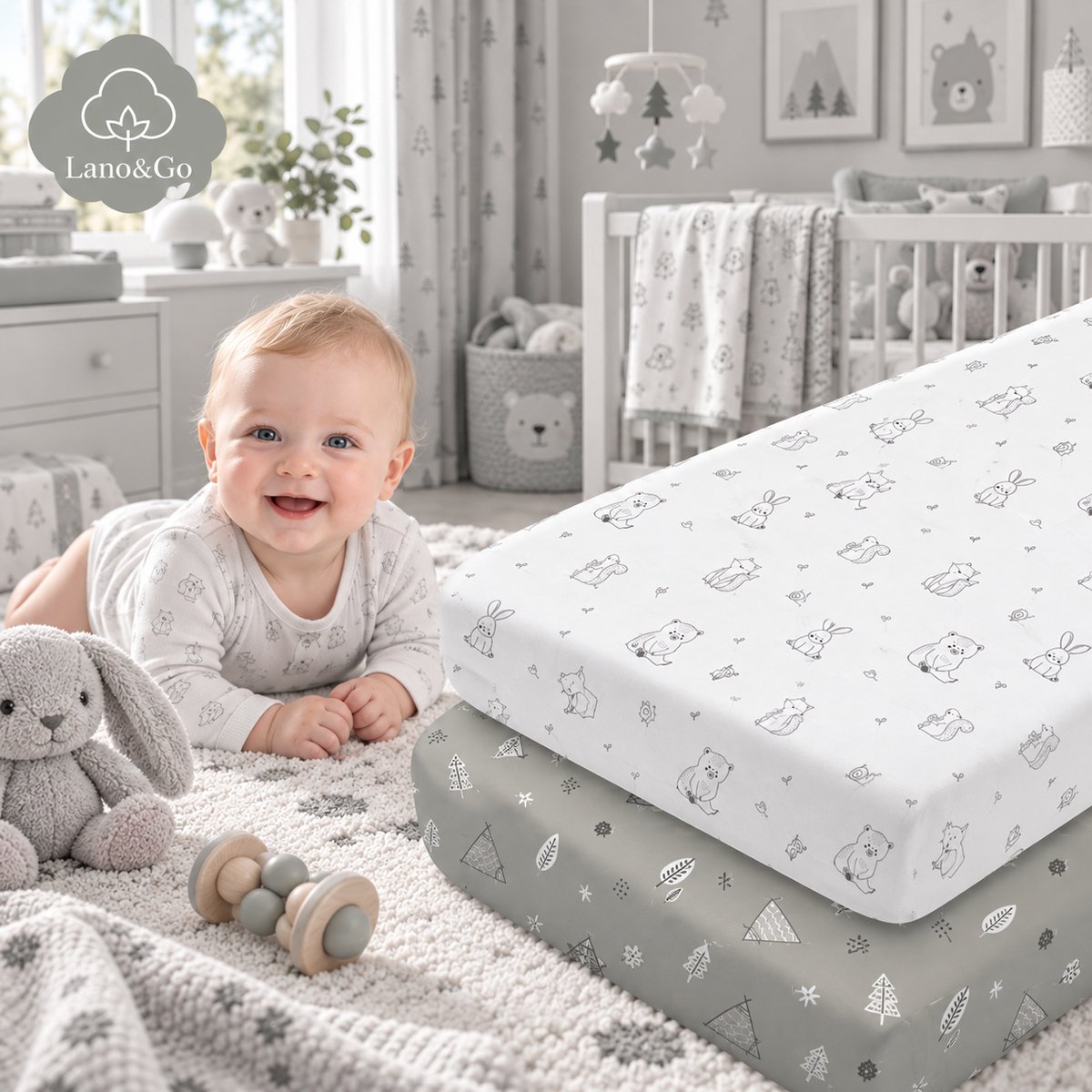 Lano&Go Hoeslaken Co-Sleeping 40x90 cm – Set van 2 – Oeko-Tex Katoen – Wit/Grijs Bos – Voor Co-Sleeping Bed, Wieg en Wiegje