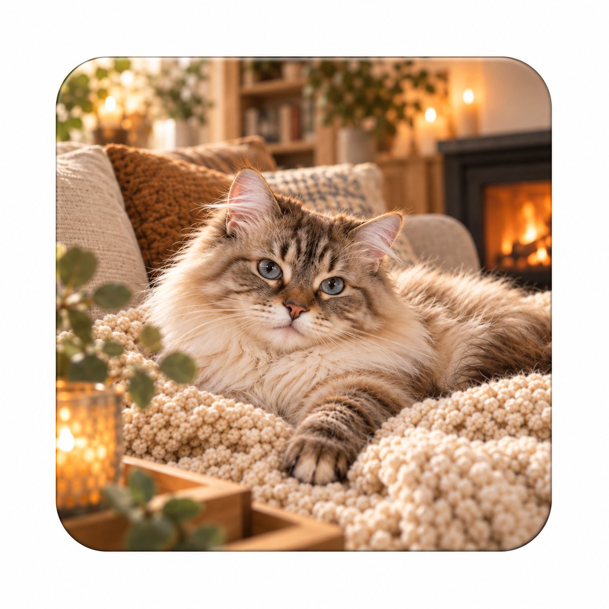 Kat MDF onderzetter 10 x 10 cm – Fluffy Kat bij de Open Haard – onderzetter voor Kattenliefhebbers