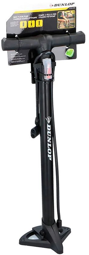 Zwarte Dunlop staande fietspomp met breed T-handvat en voetsteun. Verpakking met 'Bike Floor Pump' tekst.