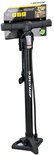 Zwarte Dunlop staande fietspomp met breed T-handvat en voetsteun. Verpakking met 'Bike Floor Pump' tekst.