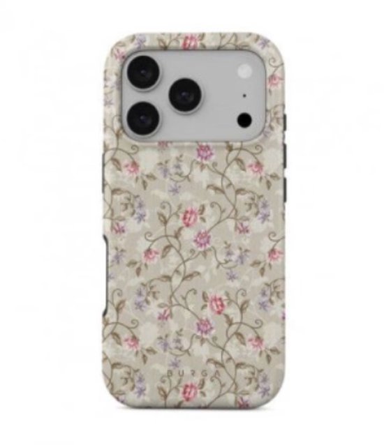 Een beige telefoonhoesje met een gedetailleerd bloemenpatroon van roze en paarse bloemen, takken en bladeren. De cameralens is zichtbaar.