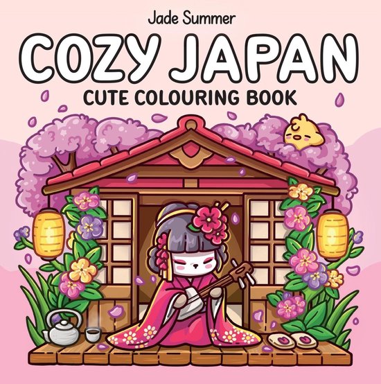 Kleurboek Cozy Japan met een illustratie van een meisje in kimono dat muziek maakt voor een huisje tussen kersenbloesems.