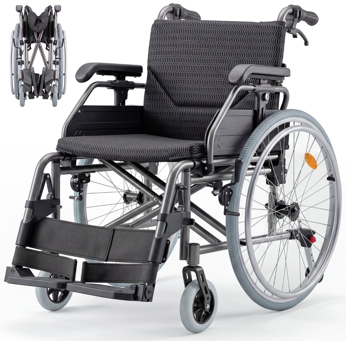 Mobiclinic Trevi - Rolstoel opvouwbaar - Quick release - Aluminium - Kantelbeveiliging - Zitbreedte 46 cm - Tot 100 kg - Uitneembaar gewatteerd kussen - In hoogte verstelbaar frame - Neerklapbare armleuningen en afneembare voetsteu - Zwart