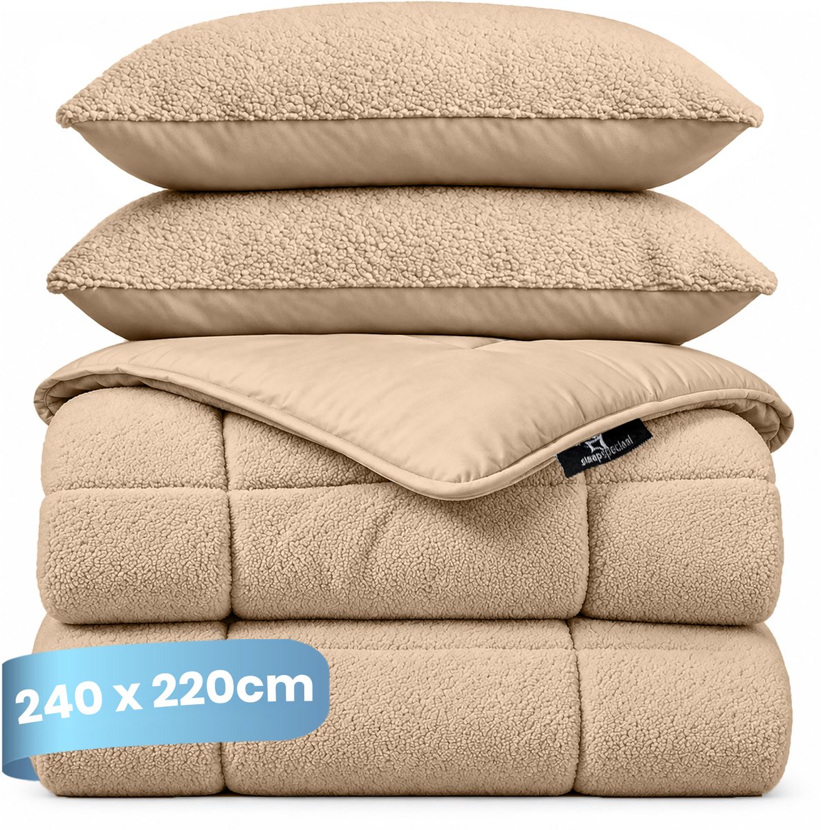 Slaapspeciaal Teddydekbed - Dekbed zonder overtrek - Winterdekbed - Wasbaar dekbed zonder overtrek - Hoesloos dekbed - Fluffy - 2 in 1 Dekbed - Taupe - 240x220 cm - Inclusief 2 Kussenslopen 60x70 cm
