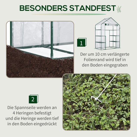 Illustratie van hoe de foliekas stevig in de grond wordt bevestigd met touwen en haringen.