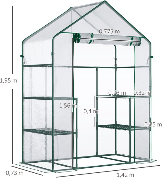 Een transparante foliekas met groen frame, twee deuren en verschillende planken.